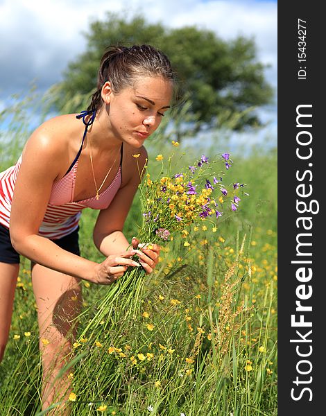 Girl is gathering bouquet of yellow wildflowers in a field