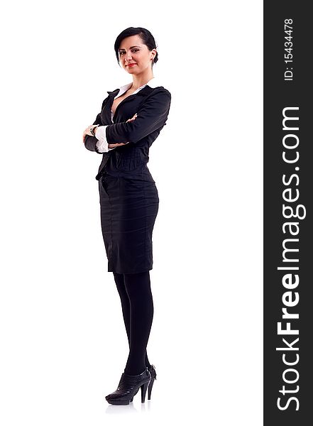 Confident business woman against white background in a black suit