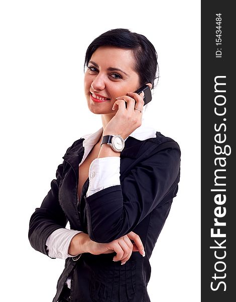 Business woman speaking on the phone. Isolated on the white background. Business woman speaking on the phone. Isolated on the white background