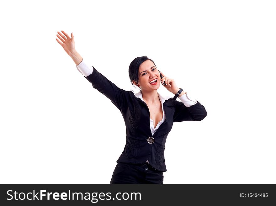 Attractive business woman on the phone winning over white. Attractive business woman on the phone winning over white