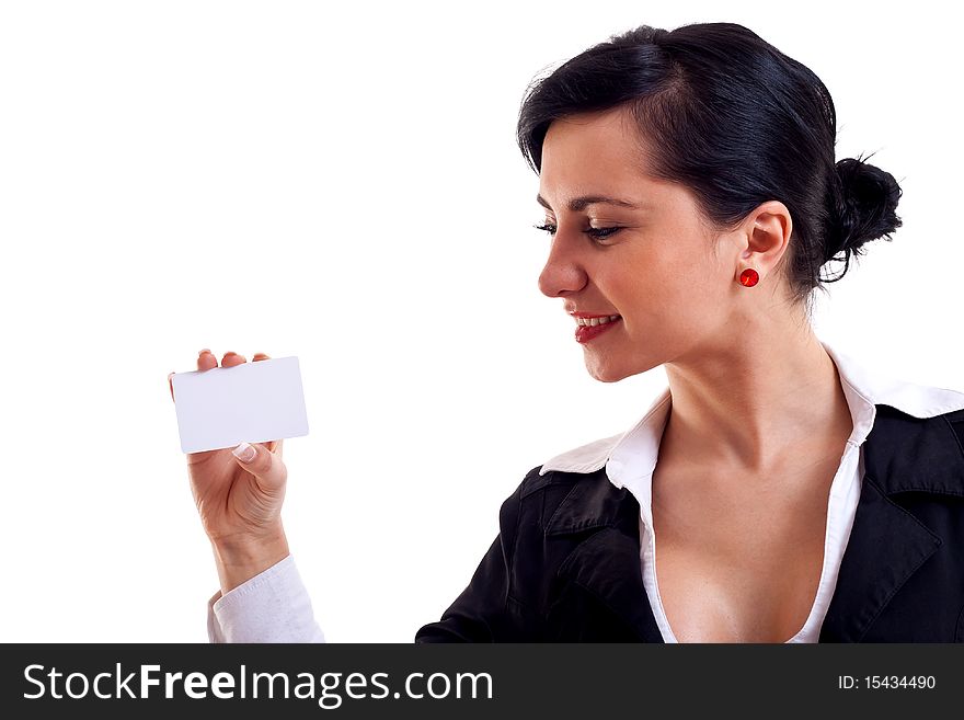 Business woman showing her business card - isolated over a white background. Business woman showing her business card - isolated over a white background