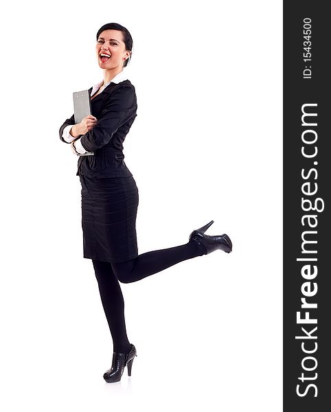 Happy business woman with clipboard, isolated on white