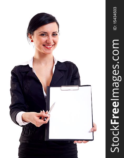 Cheerful beautiful business woman shows a blank clipboard over white background. Cheerful beautiful business woman shows a blank clipboard over white background.