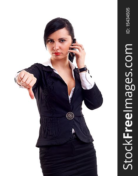 Business woman with thumb down gesture and mobile phone