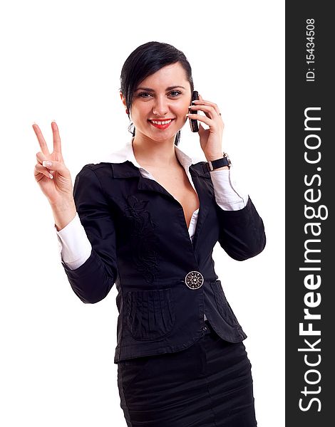 Happy business woman with phone and victory gesture, isolated. Happy business woman with phone and victory gesture, isolated