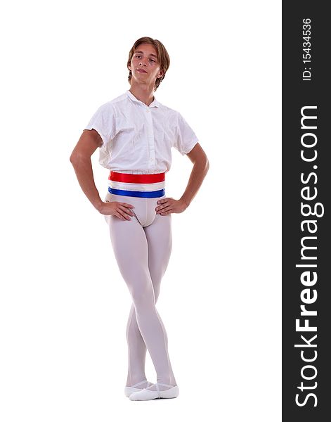 Posing for the camera - young male ballet dancer on a white background