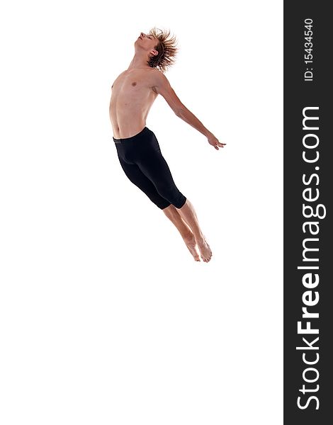 Young modern dancer jumping over white background