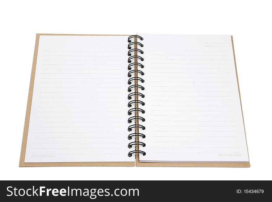 Recycled paper notebook cover open in isolated
