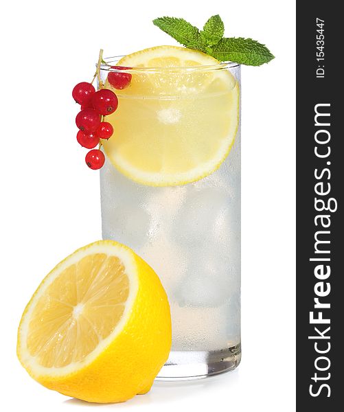 Cocktail with gin and lemon withred currant on white background