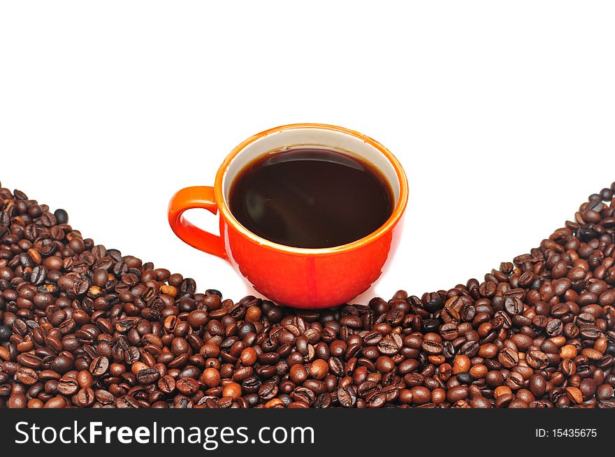 Coffee red cup and grain on white background