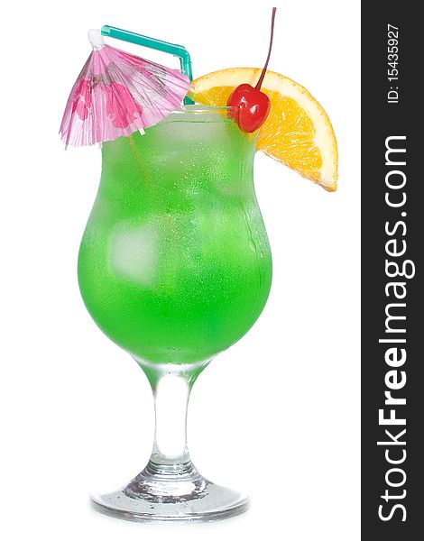 Green cocktail with orange on white background