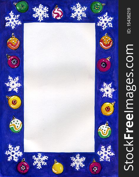 A blue border with seasonal, Christmas design, including snowflakes and coloured decorations. The design is in watercolours and is hand drawn. A blue border with seasonal, Christmas design, including snowflakes and coloured decorations. The design is in watercolours and is hand drawn.