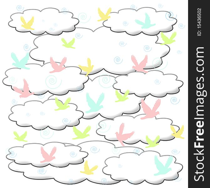 Pastel birds swirl in puffy clouds illustration