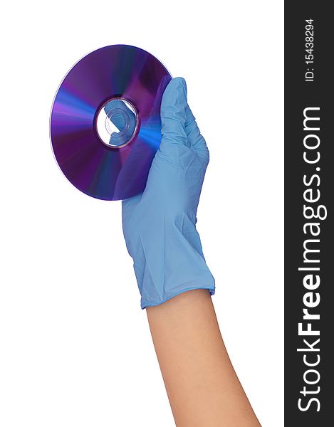 Disk with dangerous confidential audio and video about hacker programs and viruses in a hand of the inspector. Disk with dangerous confidential audio and video about hacker programs and viruses in a hand of the inspector