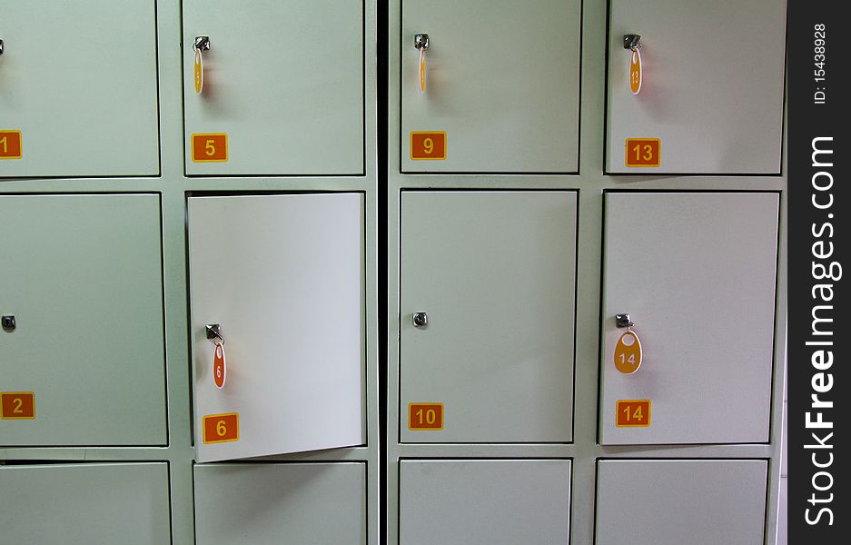 Metal boxes in the shop, intended for storage of things. Metal boxes in the shop, intended for storage of things