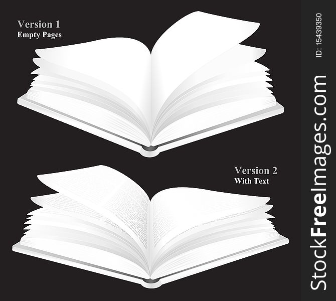 Illustration of an opened book in two versions one with text, one without. File includes clipping path.