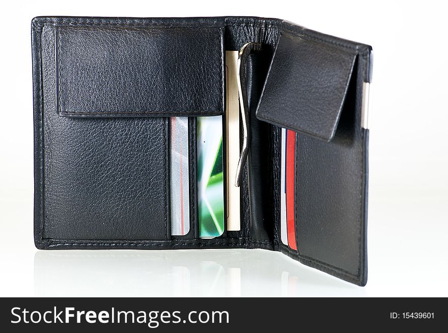 Stylish black leather walley holding different credit cards. Stylish black leather walley holding different credit cards