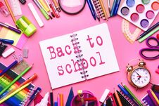 Back To School Background With Printed Text, Notebooks, Pens, Pencils, Other Stationery On Pink Modern Background, Education Stock Photography