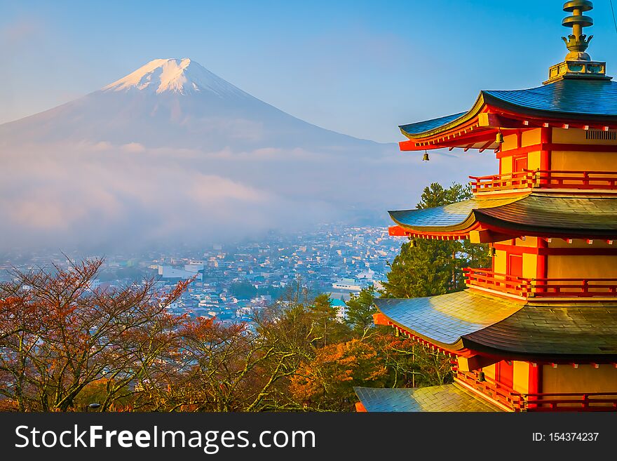 Beautiful landscape of mountain fuji with chureito pagoda around maple leaf tree in autumn season at Yamanashi Japan