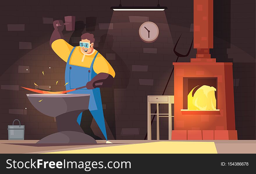 Blacksmith background with hard work and strength symbols flat vector illustration. Blacksmith background with hard work and strength symbols flat vector illustration