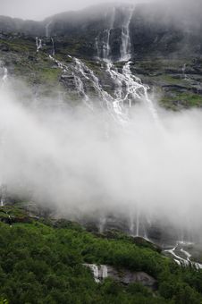 Waterfall Above Lovatnet Lake, Norway Stock Photo Waterfall Above Lovatnet Lake, Norway Stock Photo