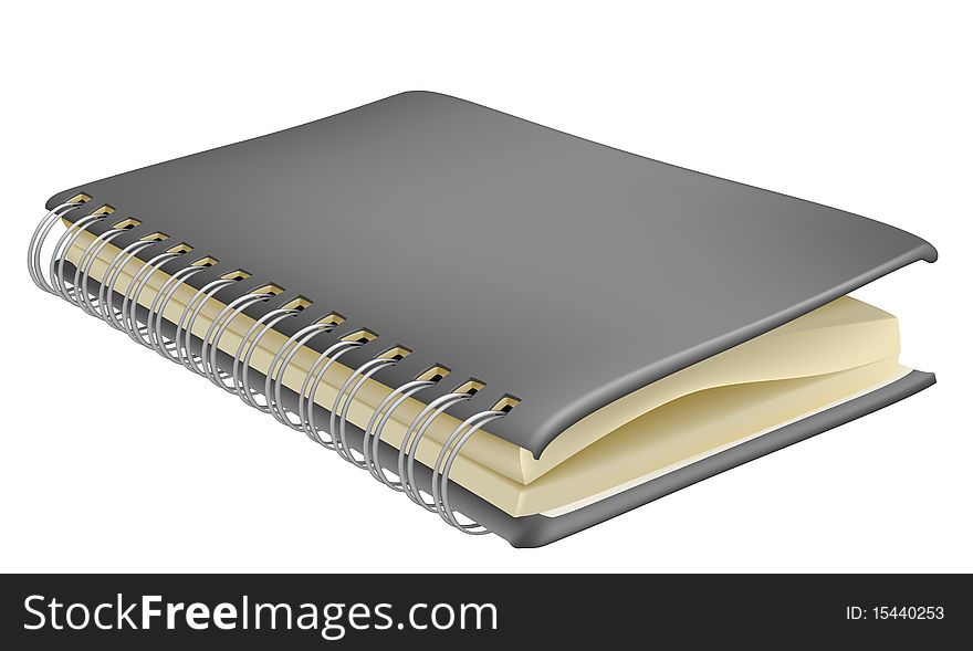 A notebook lying on a white background.