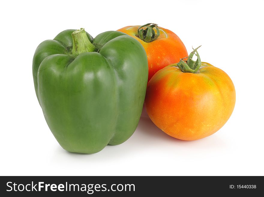 Bell pepper and tomatoes, isolated on white. Bell pepper and tomatoes, isolated on white