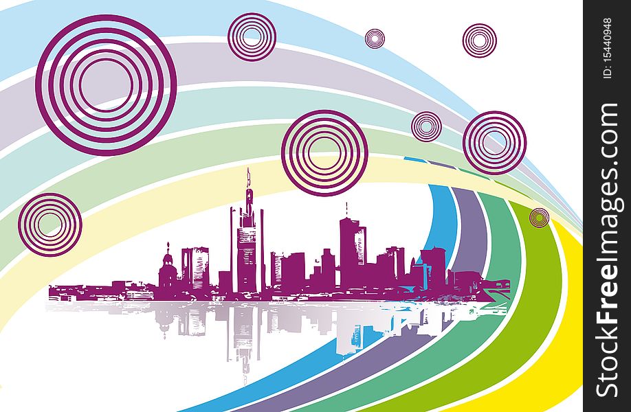 An illustration of a typical city-skyline with a rainbow around. An illustration of a typical city-skyline with a rainbow around