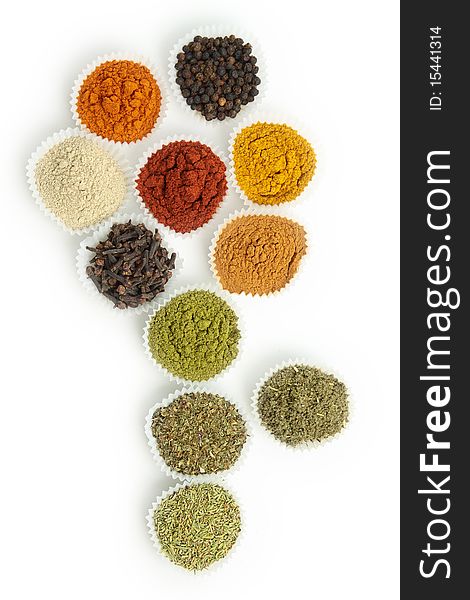 Different tipes of spice spices on white background