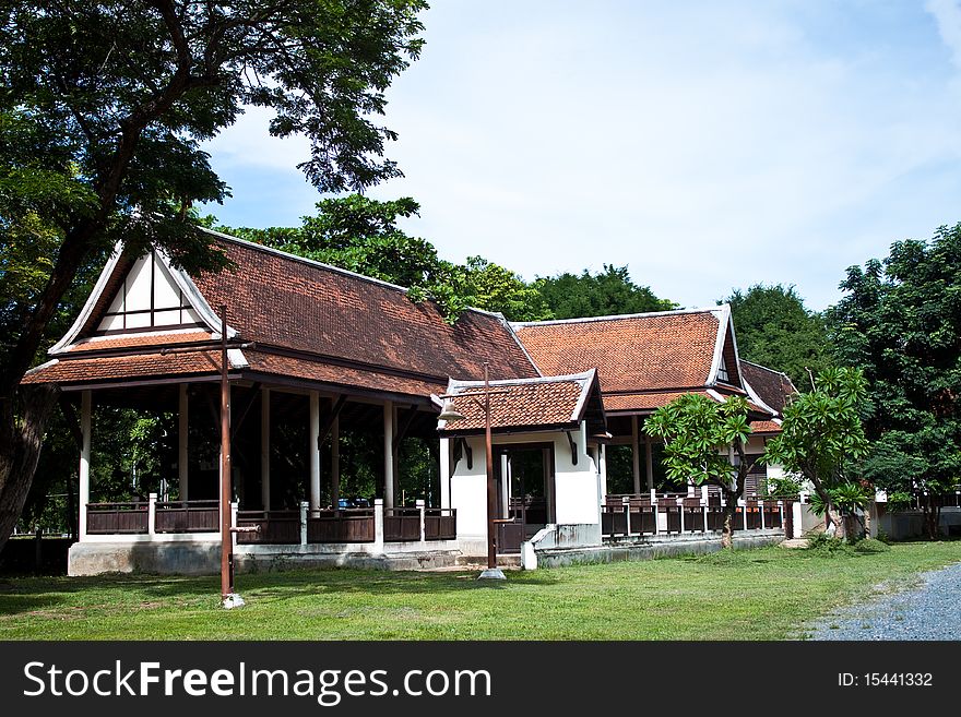 Architecture by Thai style is distinctive has triangular end of roof. Architecture by Thai style is distinctive has triangular end of roof