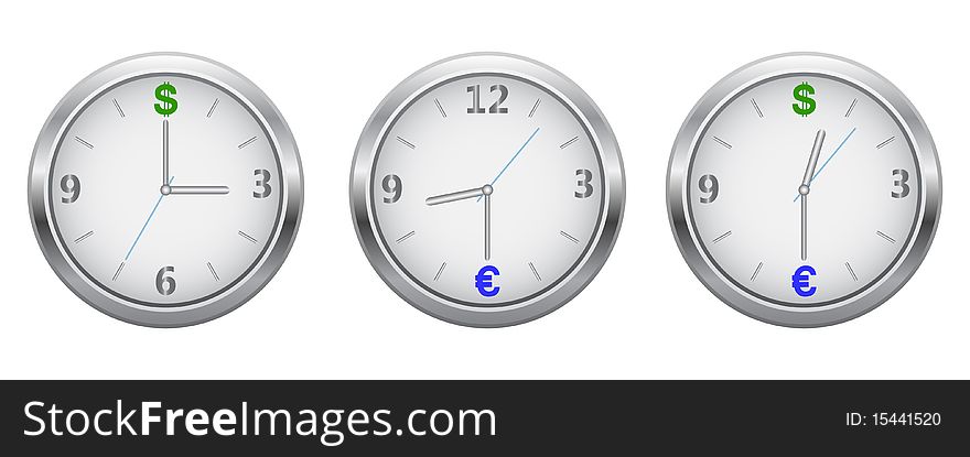 Vector dials silver clock with currency signs that put the dollar and euro. Vector dials silver clock with currency signs that put the dollar and euro