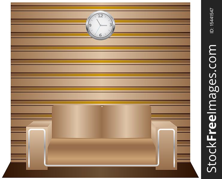 Vector sofa standing against the background of a striped wall clock. Vector sofa standing against the background of a striped wall clock