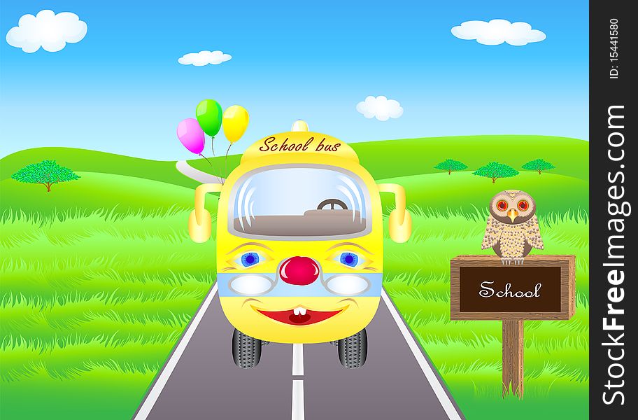 Vector summer landscape with yellow school bus and an owl sitting on a traffic sign
