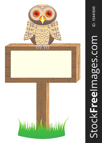 Vector wooden poster with him sitting in the owl and the green grass. Vector wooden poster with him sitting in the owl and the green grass
