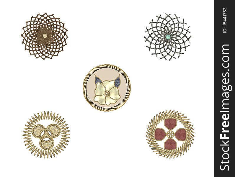 Illustration of some mostly symetrical designs suitable for jewellery on a white background.