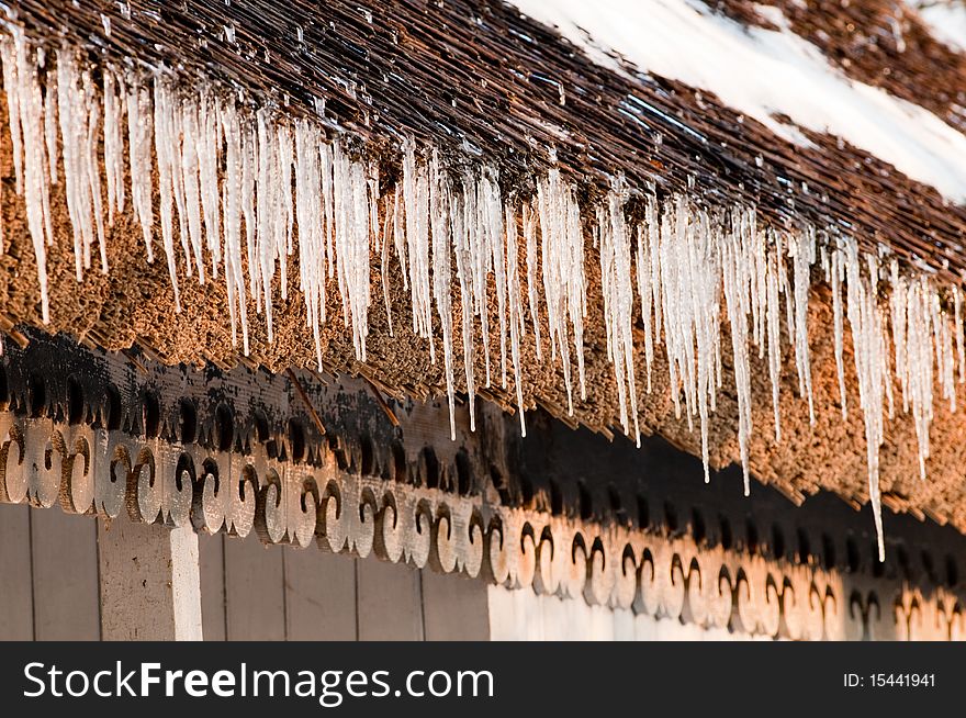 Icicles on a roof in winter