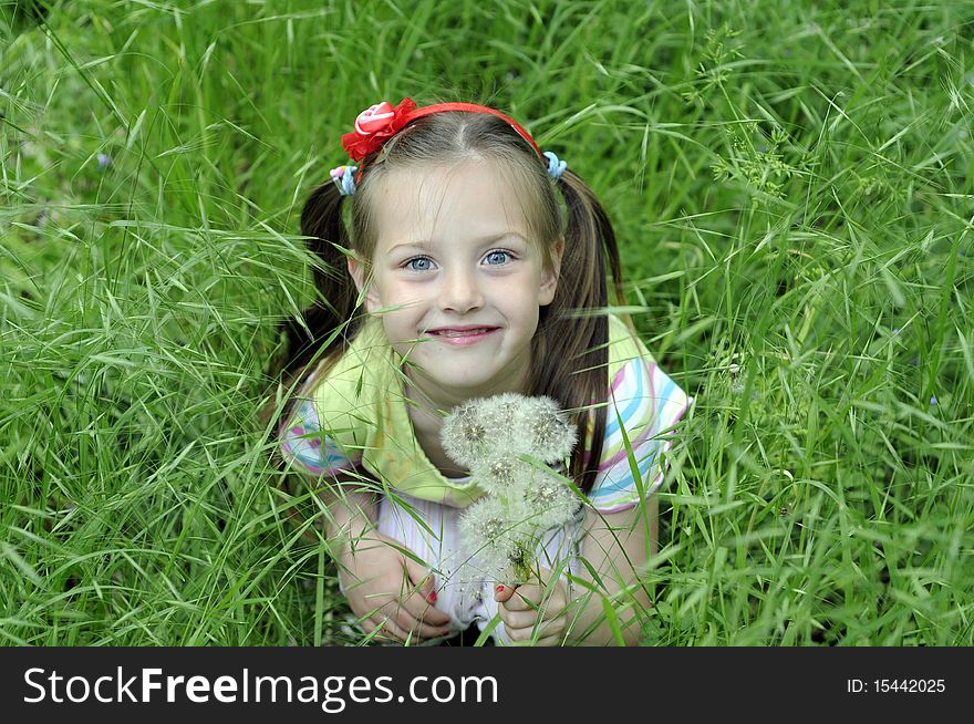 The little girl with dandelions in hands, sits in a green grass. The little girl with dandelions in hands, sits in a green grass