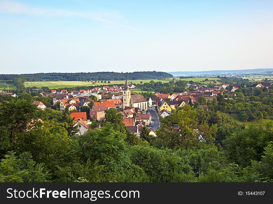 View to romantic village of Shillingsfuerst on romantic street in Bavaria