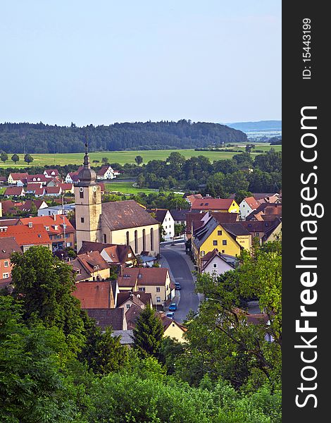 View to romantic village of Shillingsfuerst on romantic street in Bavaria