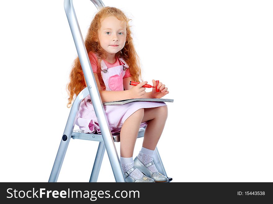Portrait of a little girl sitting on steps and reading a book. Isolated over white background. Portrait of a little girl sitting on steps and reading a book. Isolated over white background.