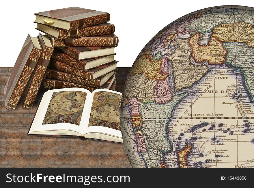 This image shows some old books, old and a globe on an old table. This image shows some old books, old and a globe on an old table.