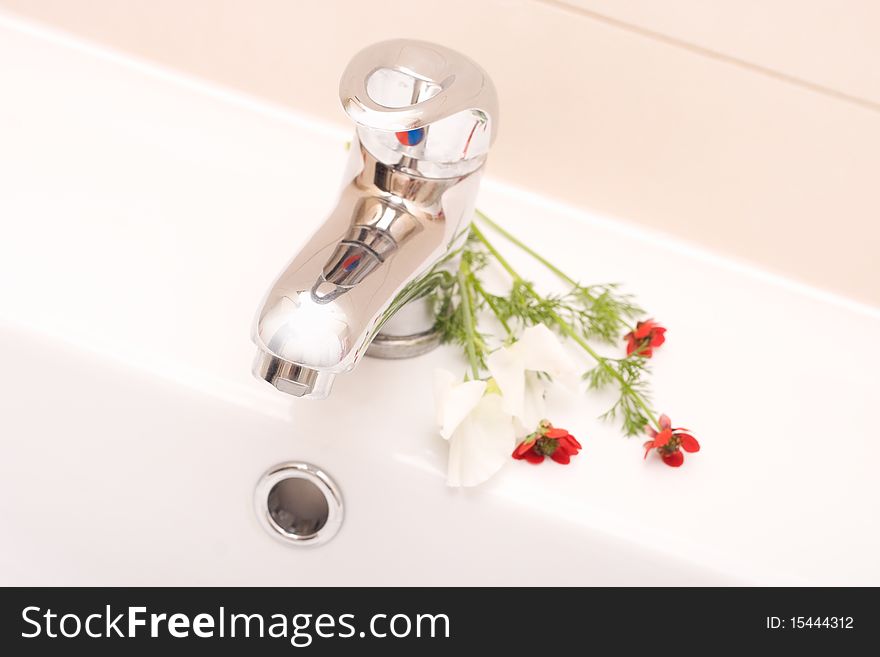 Bathroom faucet and red flowers. Bathroom faucet and red flowers.