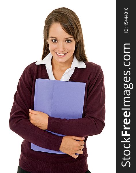 Young female student smiling to camera holding work folder isolated on white. Young female student smiling to camera holding work folder isolated on white