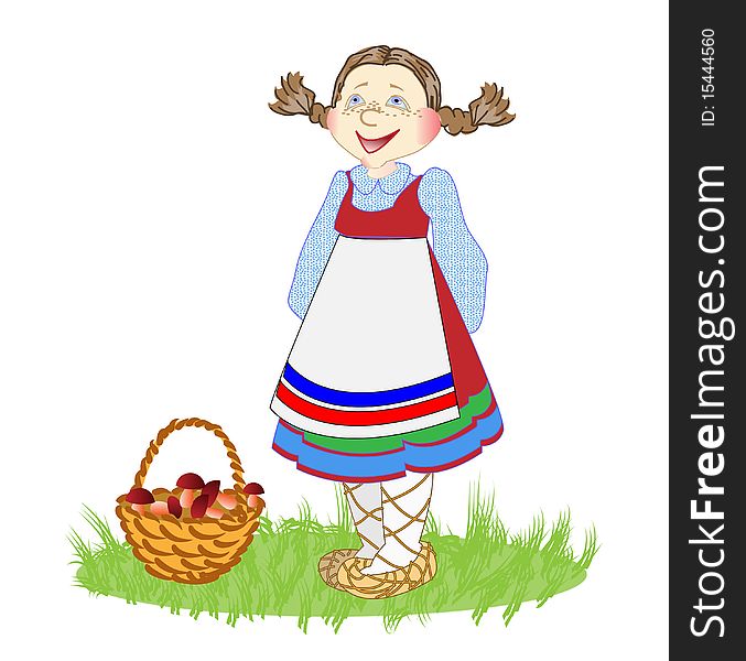 The girl in a sundress with a basket of mushrooms. The girl in a sundress with a basket of mushrooms