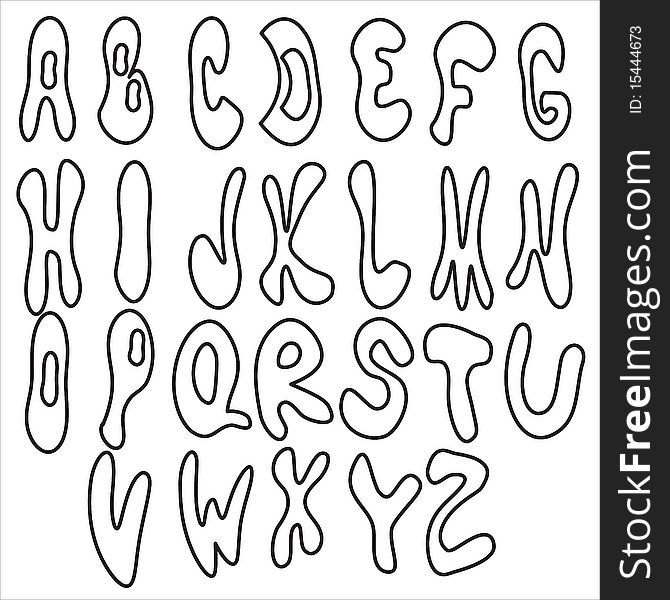 Alphabet:black-white letters in the contour, hand drawn