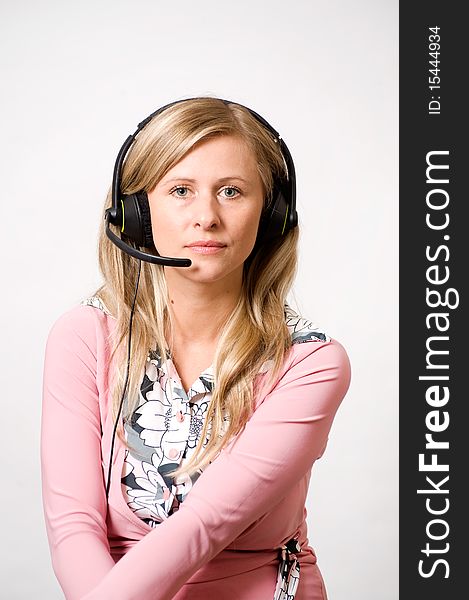 Women with headphones with serious face