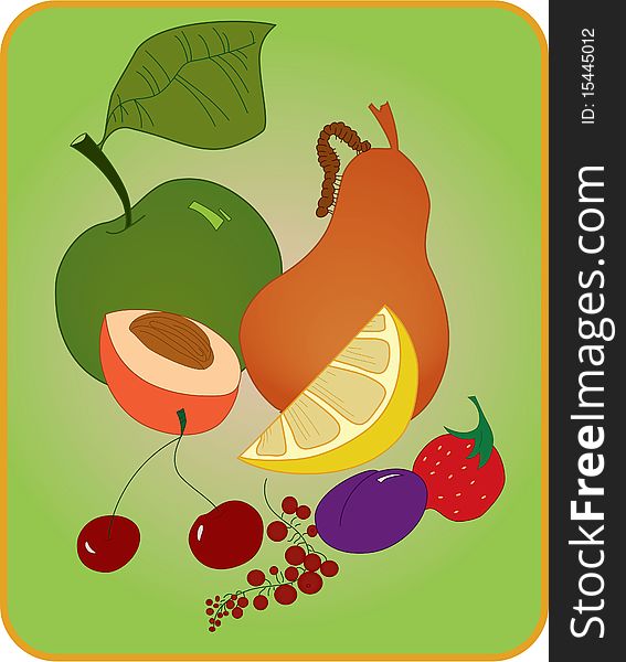 Illustration of apple ,pea , peach , cherries , drapes and strawberry. Illustration of apple ,pea , peach , cherries , drapes and strawberry