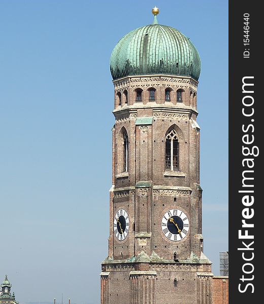 Tower of the Frauenkirche in city of Munich, Bavaria, Germany. Tower of the Frauenkirche in city of Munich, Bavaria, Germany.