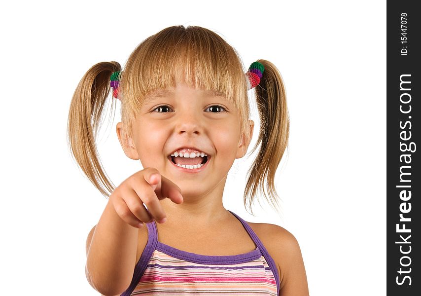 Funny little girl. Good for borders of articles or websites. Beautiful caucasian model. Isolated on white background.