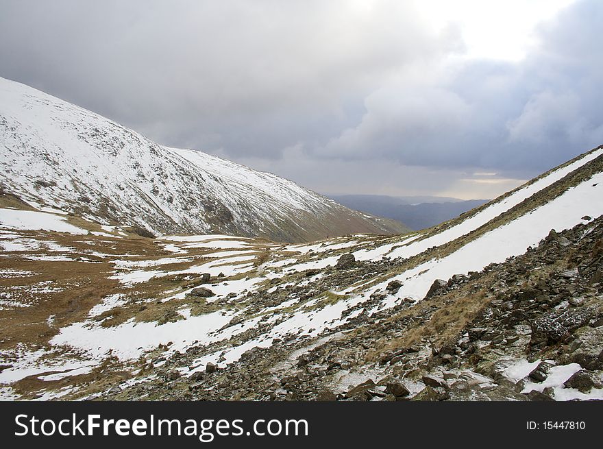 A valley in the Lake District in winter. A valley in the Lake District in winter.